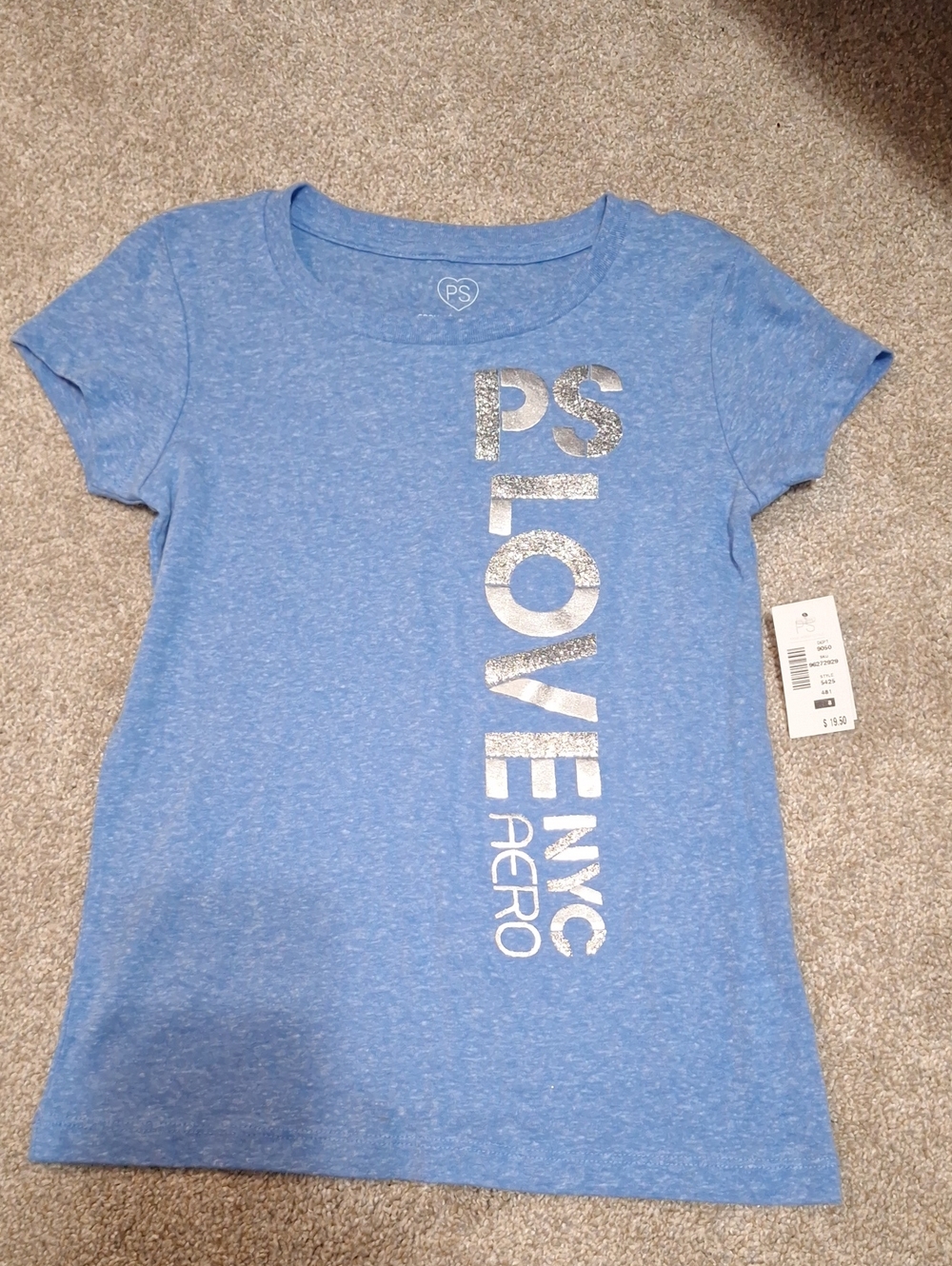 Aeropostale Girls' Heather Sky Blue Tee with Silver Glitter Logo